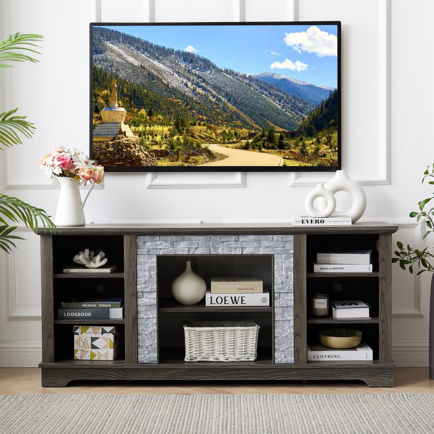 Mantel Stone TV Media Stand with with Faux Stacked Stone Surround, Modern Entertainment Console with Open Storage Space,Grey, 58.31'W*15.39'D*26.06'H