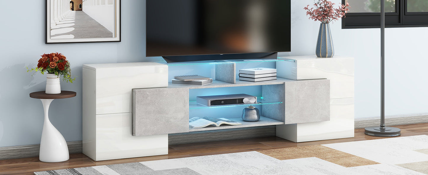 ON-TREND Unique Shape TV Stand with 2 Illuminated Glass Shelves, High Gloss Entertainment Center for TVs Up to 88', Versatile TV Cabinet with LED Color Changing Lights for Living Room, Grey