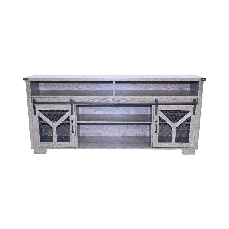 65.3' TV Stand with LED light strips and Iron mesh barn door Y decorative strip country grey farmhouse style