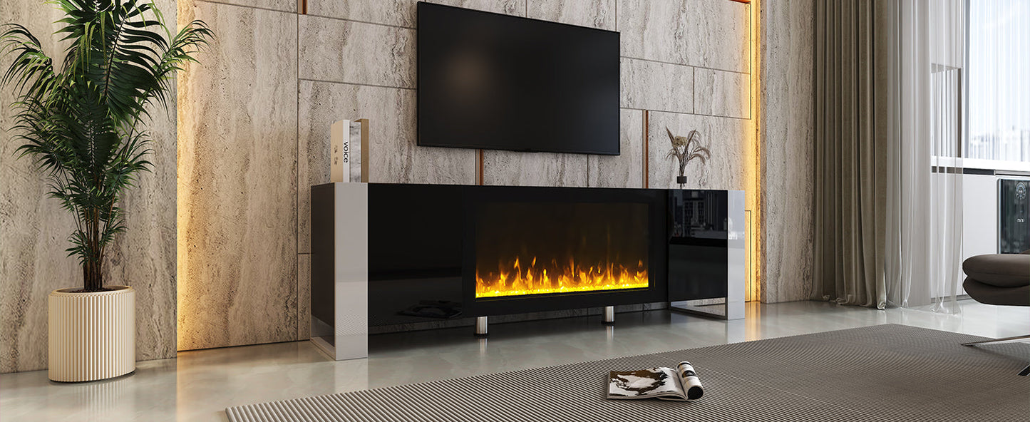 ON-TREND Modern TV Stand with 34.2' Non-heating Electric Fireplace, High Gloss Entertainment Center with 2 Cabinets, Media Console for TVs up to 78', Black