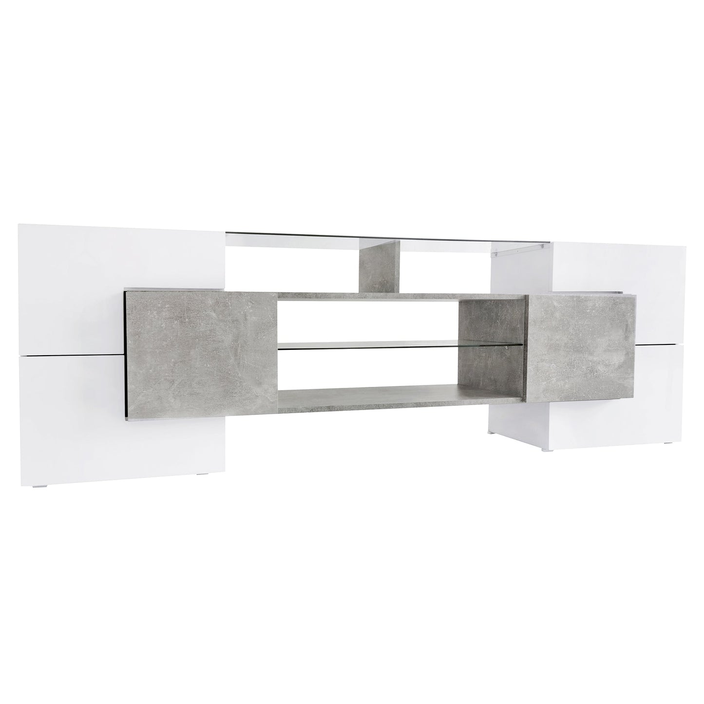 ON-TREND Unique Shape TV Stand with 2 Illuminated Glass Shelves, High Gloss Entertainment Center for TVs Up to 88', Versatile TV Cabinet with LED Color Changing Lights for Living Room, Grey