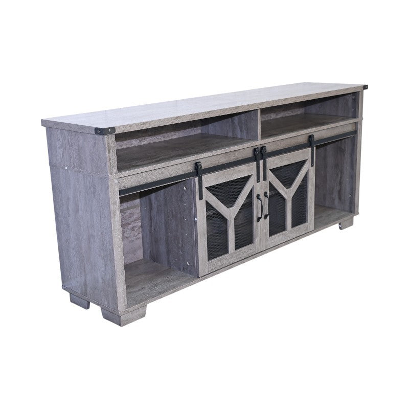 65.3' TV Stand with LED light strips and Iron mesh barn door Y decorative strip country grey farmhouse style