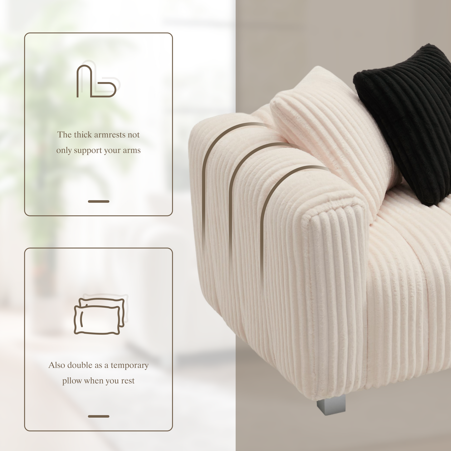 82.68-inch premium corduroy two-seater sofa with metal legs and cushions, suitable for living rooms and bedrooms.