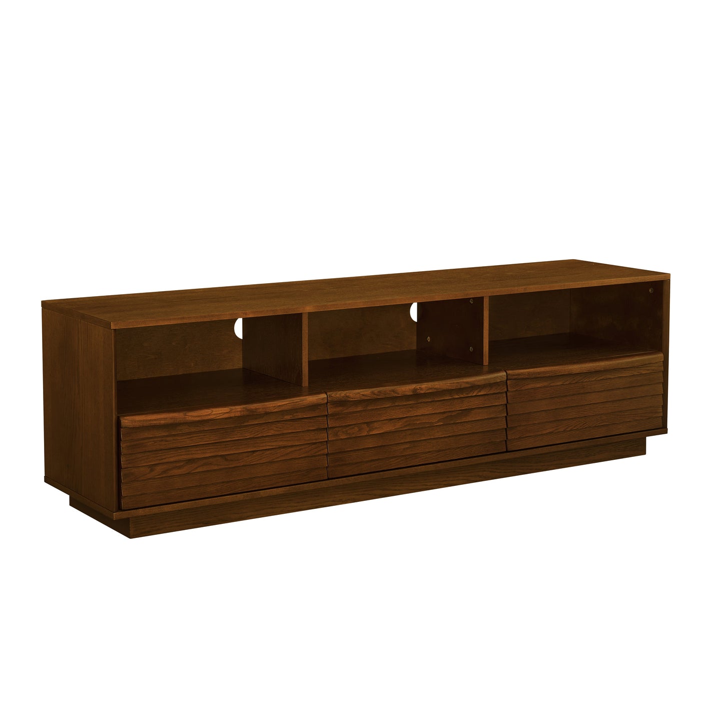 63' Mid-Century Modern TV Stand for TVs up to 75', Thick Sturdy Farmhouse Entertainment Cabinet, Media Console for Living Room, Louver Design & Solid Wood Drawers & Outlet Holes, Walnut