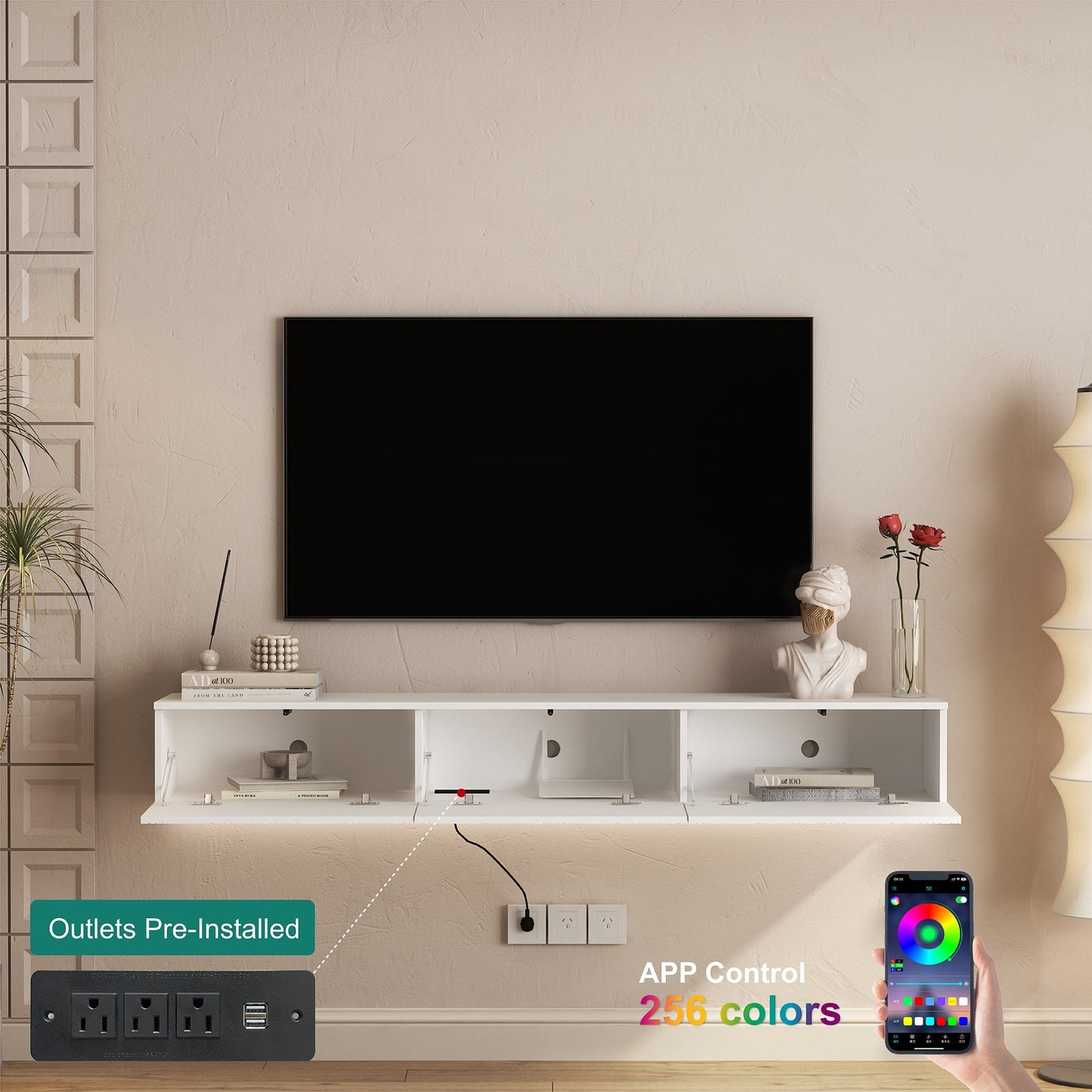 Floating TV Stand Wall Mounted with 16 Color LEDs,67' Modern TV Stand, Floating TV Cabinet Entertainment Center for 55 60 65 Inch TV,White