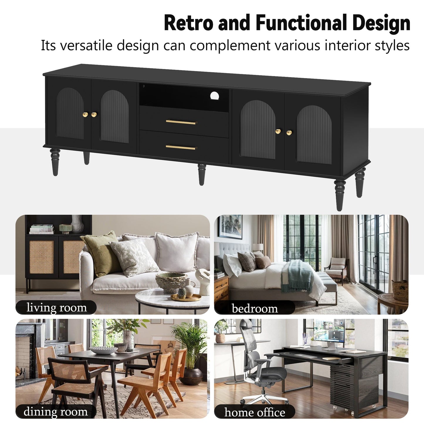U-Can 68.9'' Retro TV Stand for TVs up to 75 Inches, Entertainment Center Media Console with Fluted Glass Doors and Five Solid Wood Legs for Living room(OLD SKU:N724P198468B)