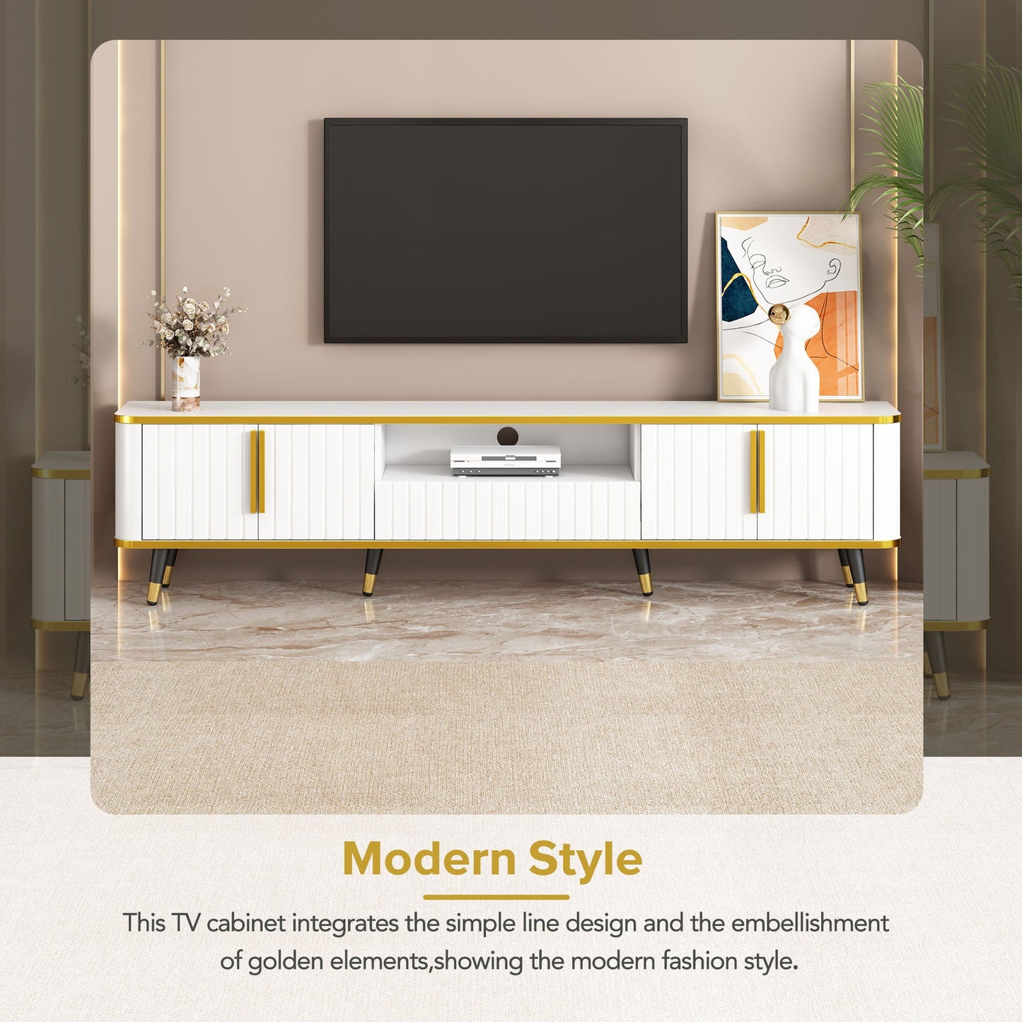 ON-TREND Luxury Minimalism TV Stand with Open Storage Shelf for TVs Up to 85', Entertainment Center with Cabinets and Drawers, Practical Media Console with Unique Legs for Living Room, White