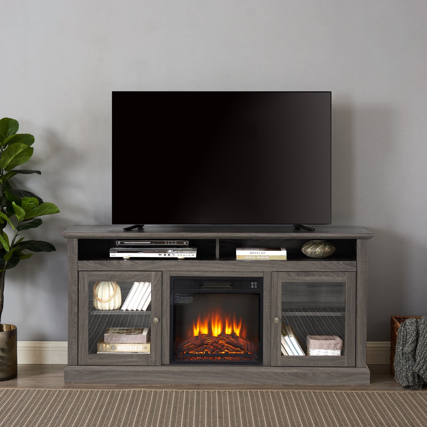 Retro TV Stand for 65'' TV, TV Console Cabinet with Storage, Open Shelves Entertainment Center with 18' Fireplace Insert for Living Room Dark Walnut 60'W*15.75'D*29'H