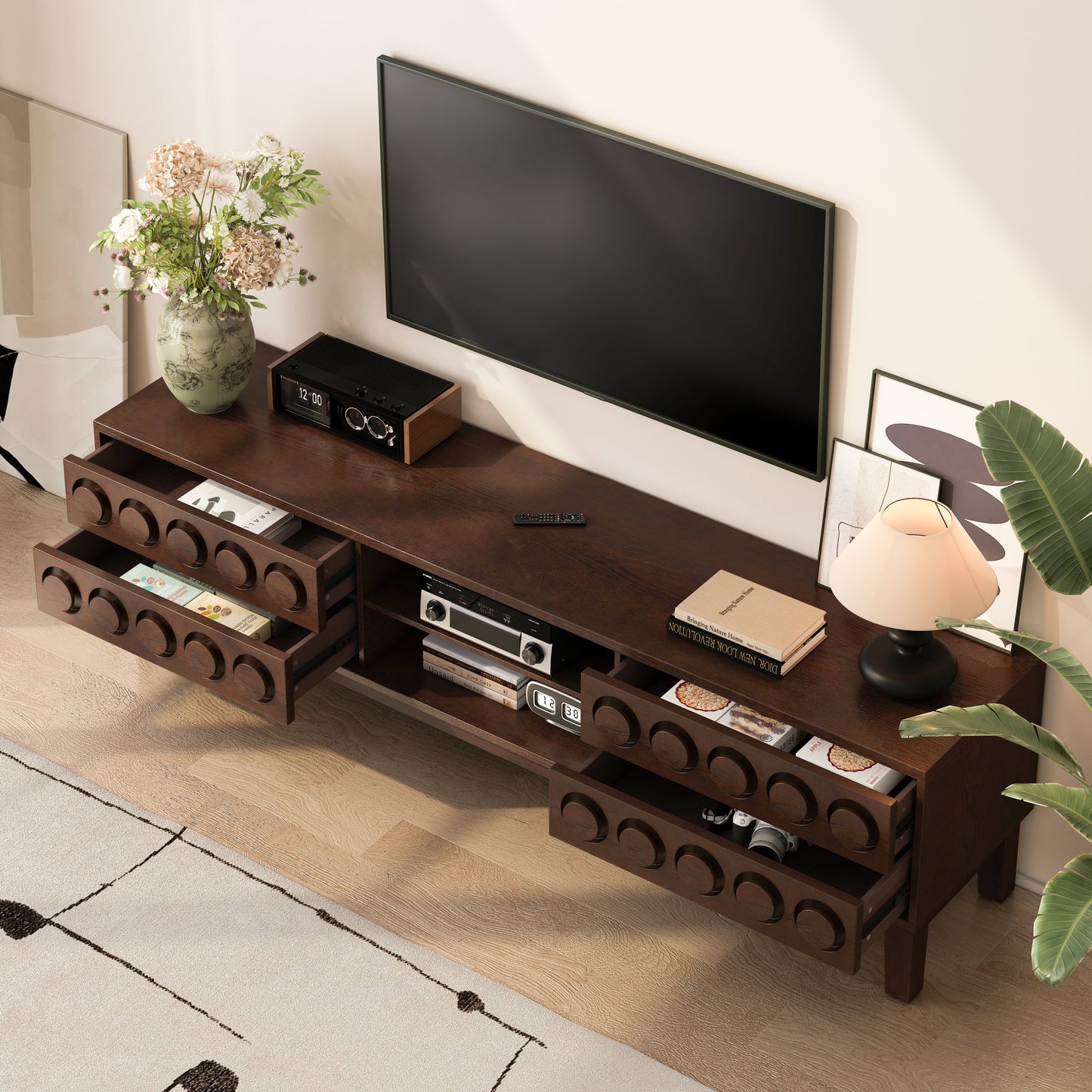 TV Stand for TVs up to 75', Media Console with 4 Drawers, Entertainment Center with Storage for Living Room and Bedroom(Dark Brown)