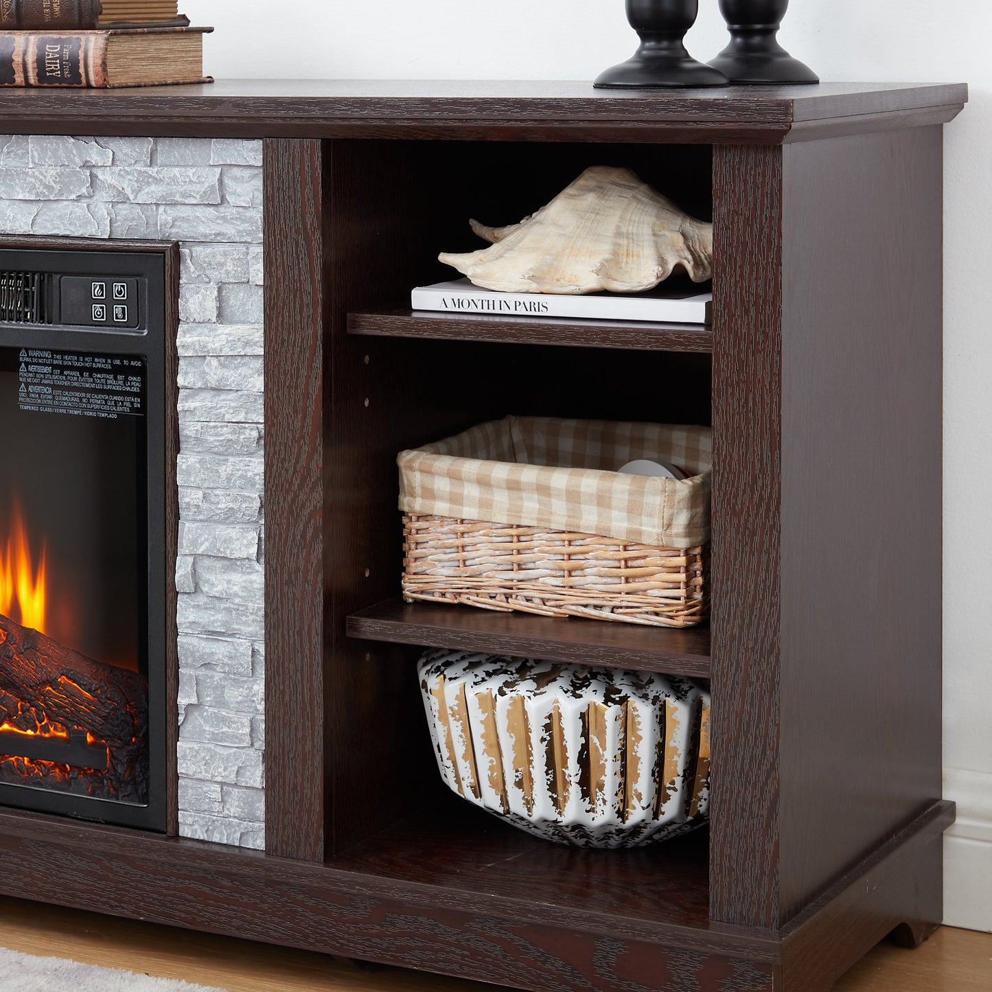 Large TV Desk Storage Rack with Faux Stacked Stone Surround,Media Console Table with Large Storage Cabinet,Modern TV Media Stand with 23' Fireplace Insert,Cherry, 70.12'W*15.35'D*25.83'H