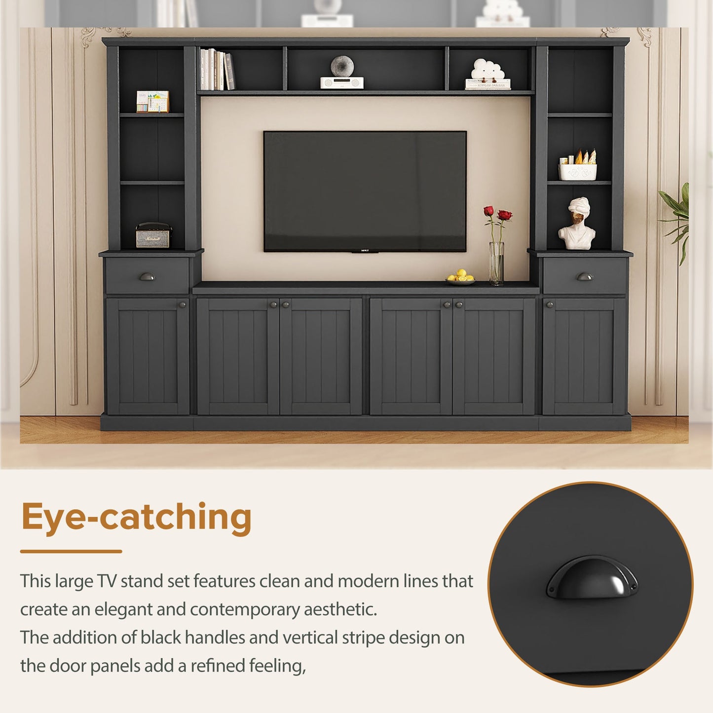 Minimalist Entertainment Wall Unit Set with Bridge for TVs Up to 75'', Ample Storage Space TV Stand with Adjustable Shelves, Modernist Large Media Console for Living Room, Black