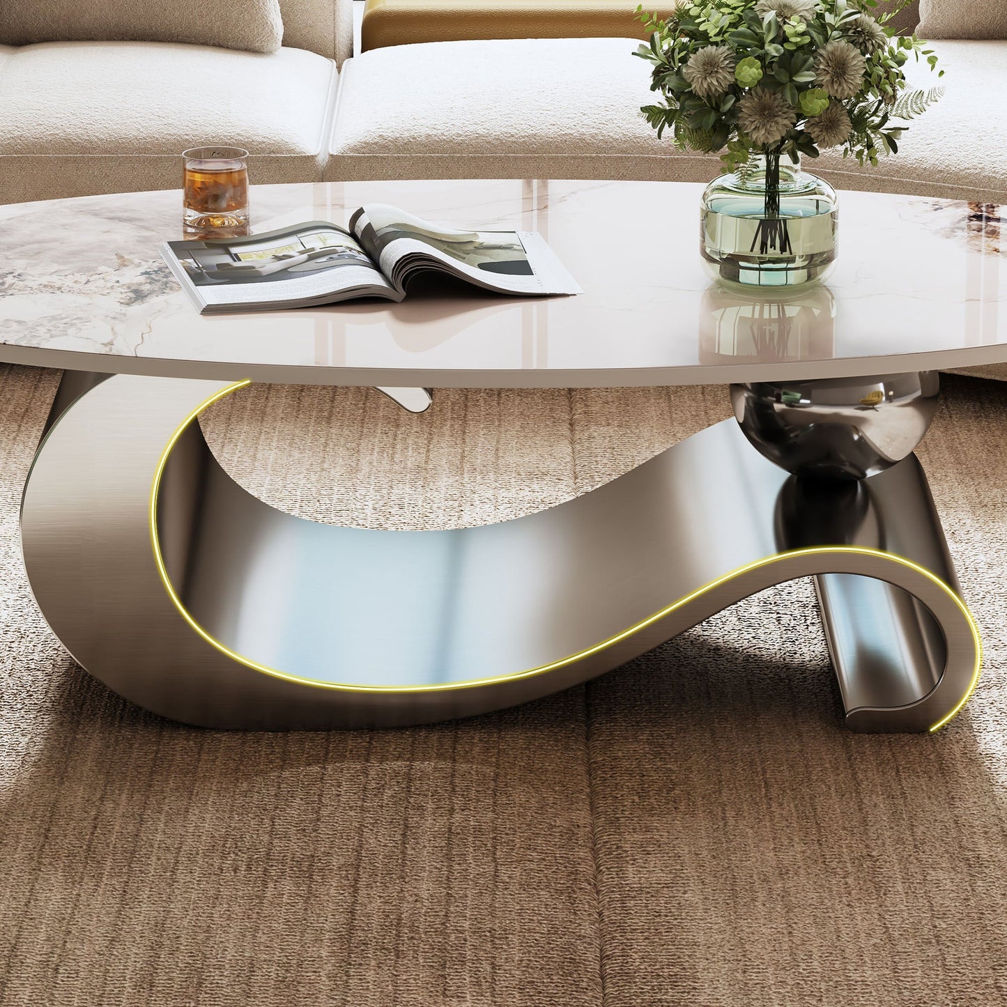 49.2' Faux Marble Oval Coffee Table, Contemporary Gray Stainless Steel Base, Modern Center Table for Living Room