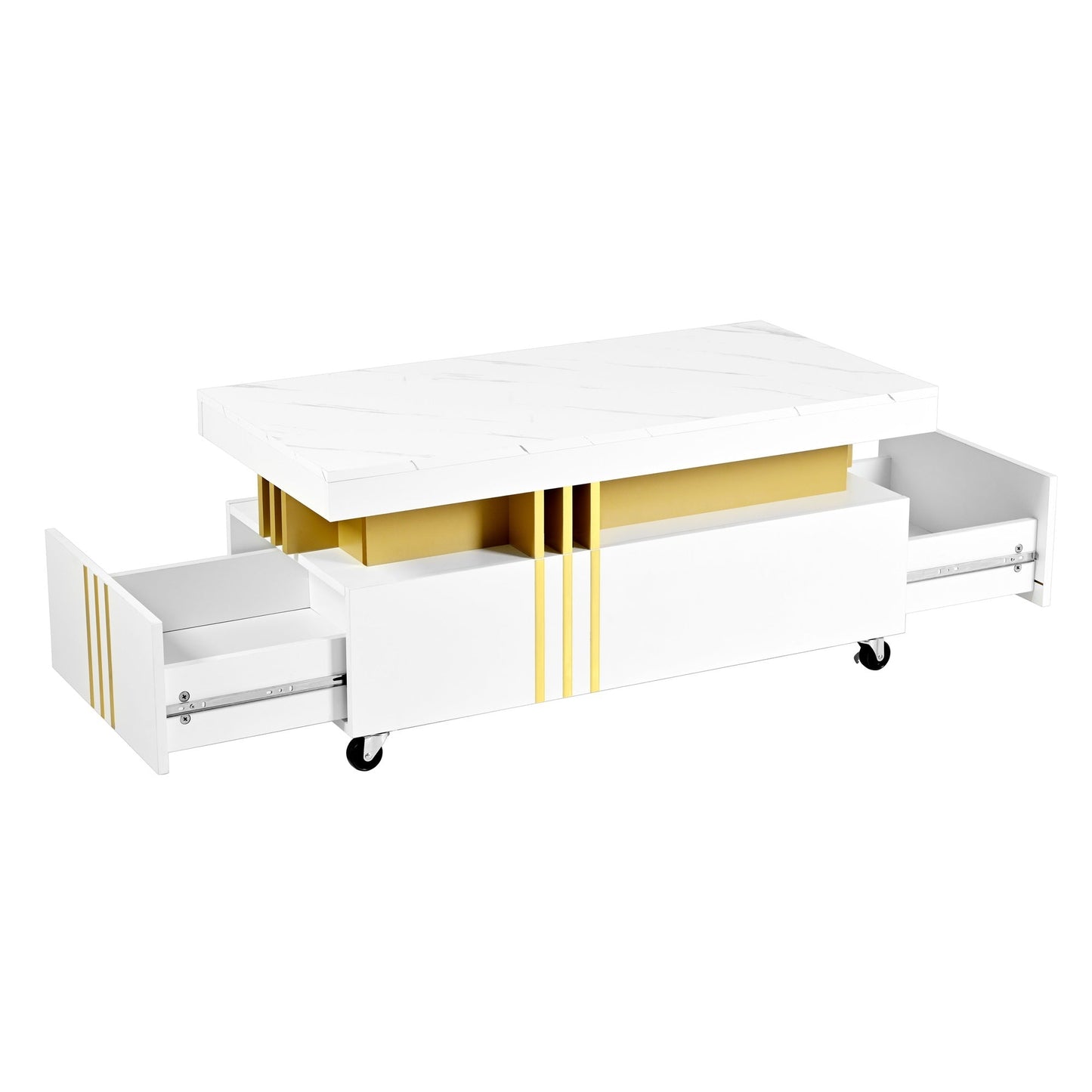 ON-TREND Contemporary Coffee Table with Faux Marble Top, Rectangle Cocktail Table with Caster Wheels, Moderate Luxury Center Table with Gold Metal Bars for Living Room, White