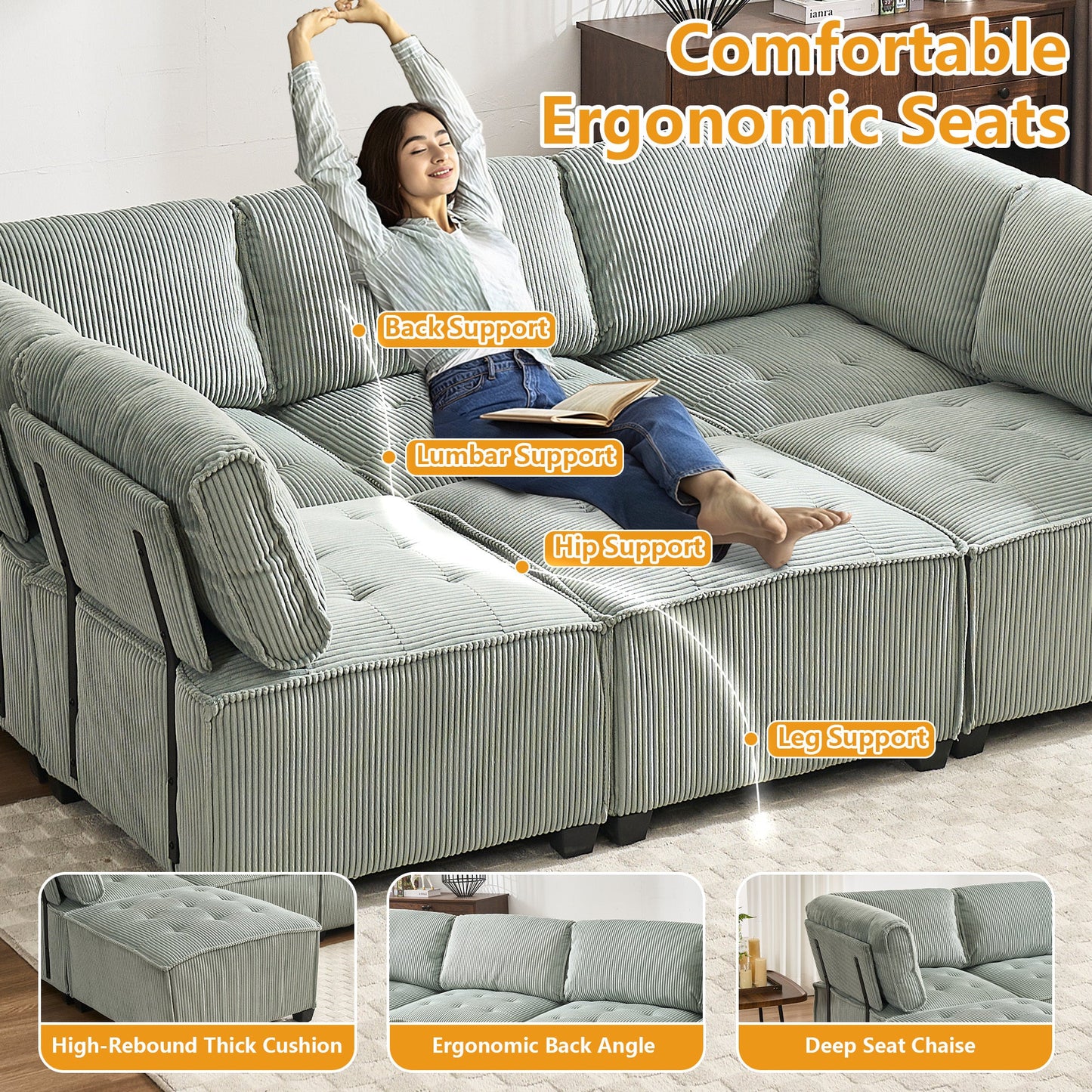 UNITED WE WIN Modular Sectional Sofa U Shaped Modular Couch with Reversible Chaise Modular Sofa Sectional Couch,6- Seat Convertible Sofa,Fit for Living Room