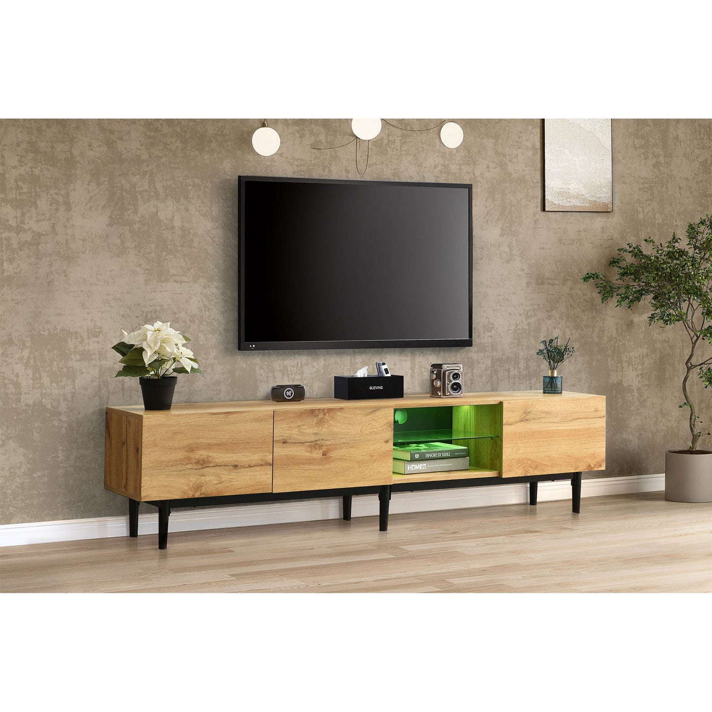 Modern TV Stand with 4 Cabinets& Open Shelves, Color-matching Media Console Table for TVs up to 80'' with LED Light, Entertainment Center with Drop Down Door for Living Room, Bedroom, Home Theatre