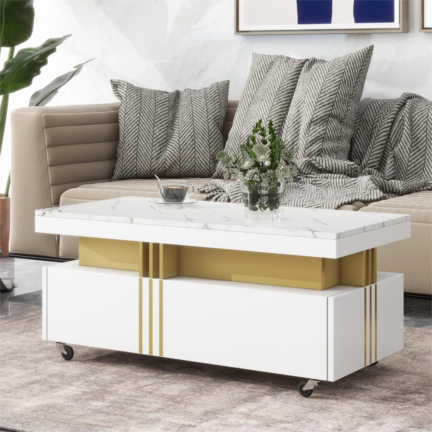ON-TREND Contemporary Coffee Table with Faux Marble Top, Rectangle Cocktail Table with Caster Wheels, Moderate Luxury Center Table with Gold Metal Bars for Living Room, White