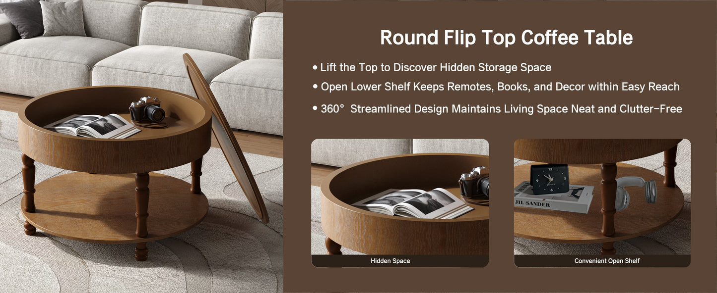 Coffee Table with Dual Storage for Living Room, 31.5' Modern Round Coffee Table with Storage and Hidden Compartment, Adjustable Leveling Feet, Easy Assembly (Walnut)