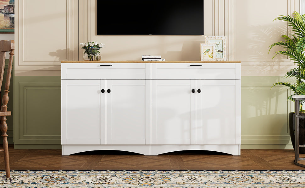 ON-TREND Farmhouse TV Stand with 2 Drawers for TVs Up to 70', Versatile Wood Grain Sideboard with Adjustable Shelves, Mid-Century Buffet Cabinet with Rustic Handles for Living Room/Bedroom, White