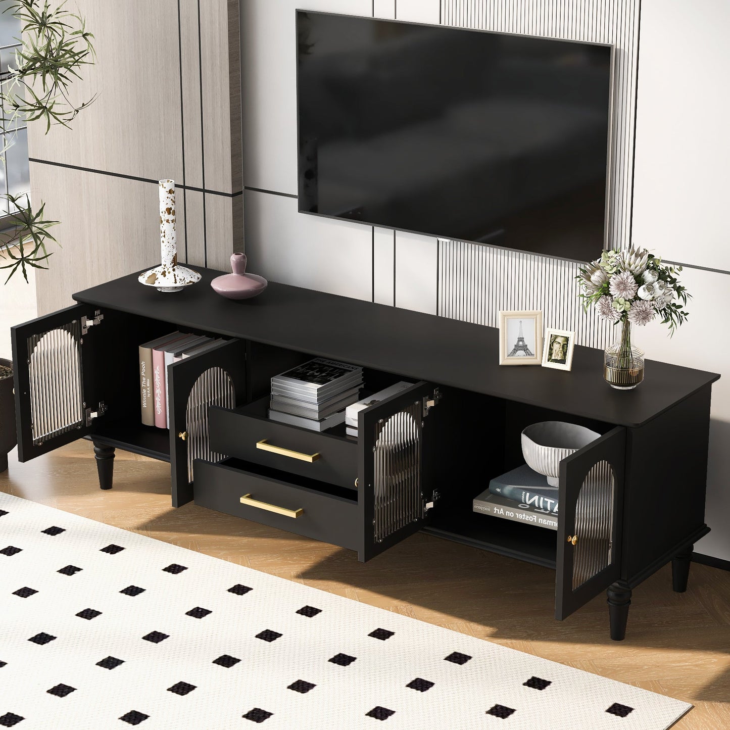 U-Can 68.9'' Retro TV Stand for TVs up to 75 Inches, Entertainment Center Media Console with Fluted Glass Doors and Five Solid Wood Legs for Living room(OLD SKU:N724P198468B)
