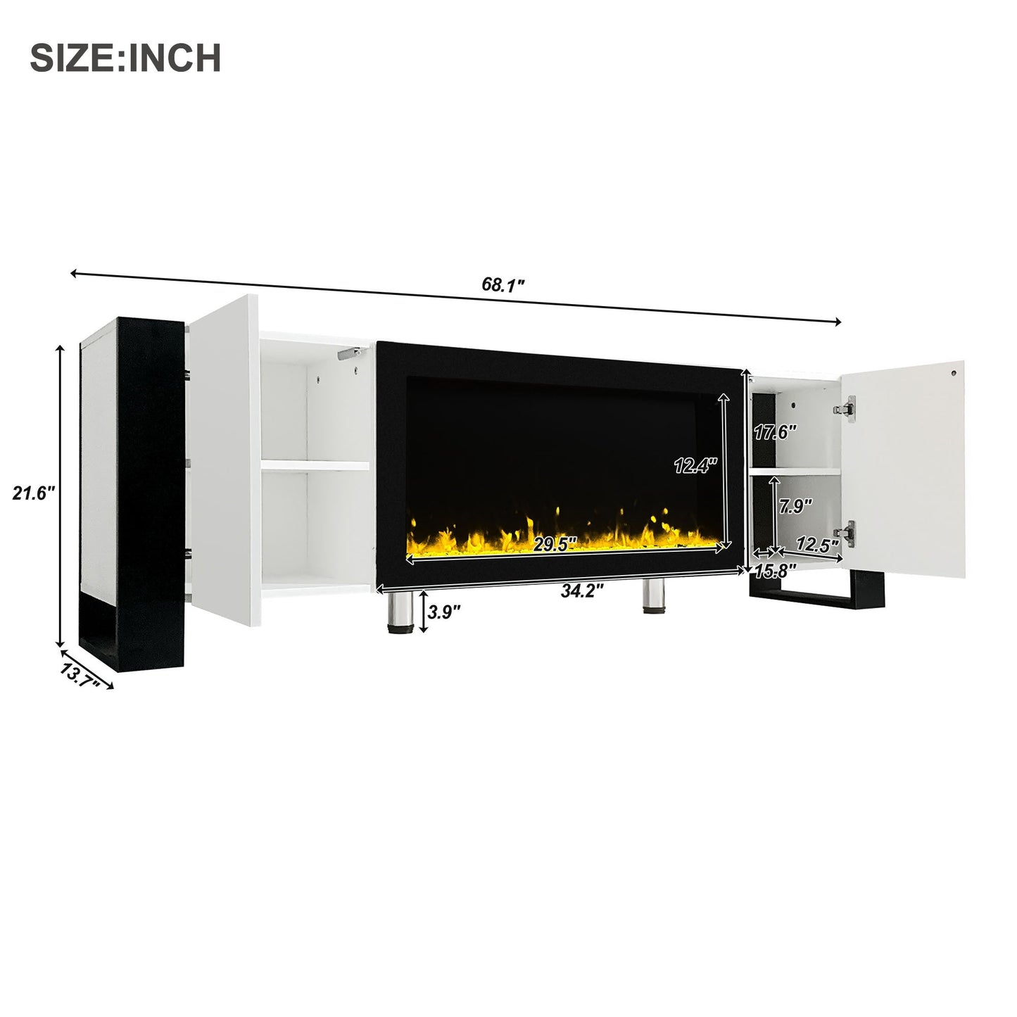 ON-TREND Modern TV Stand with 34.2' Non-heating Electric Fireplace, High Gloss Entertainment Center with 2 Cabinets, Media Console for TVs up to 78', White