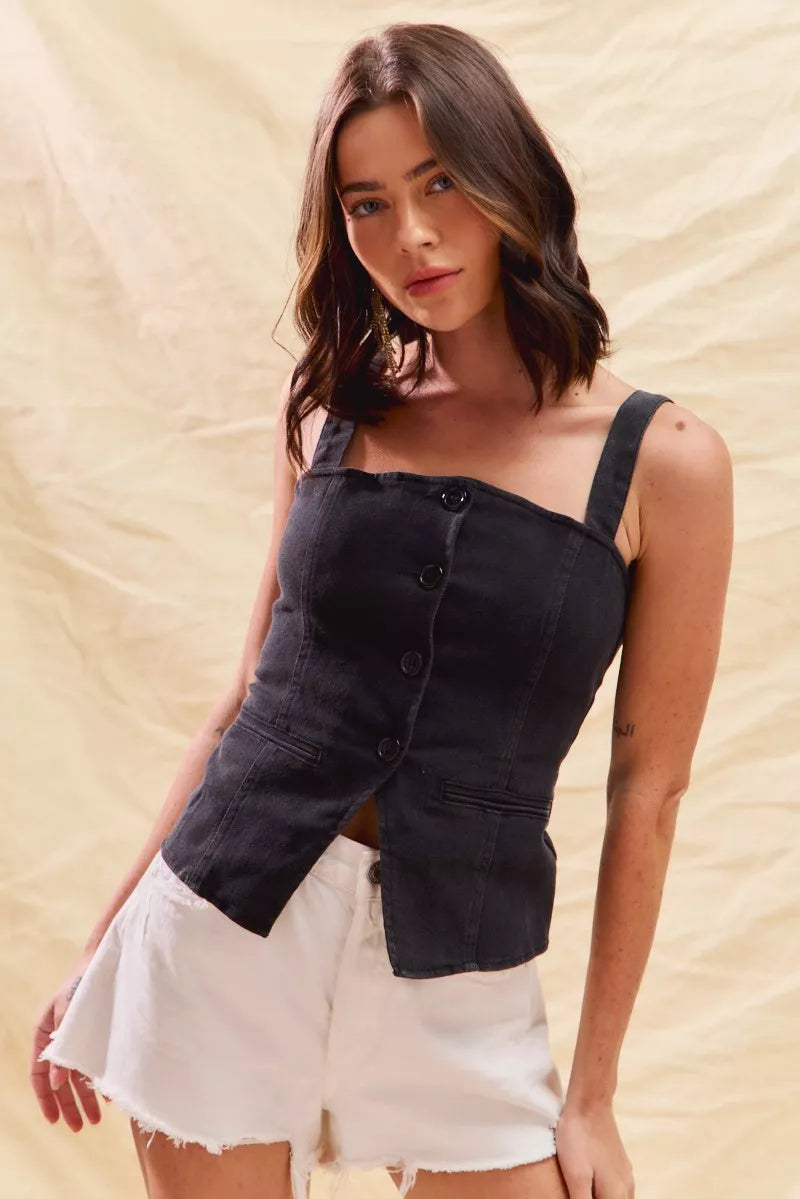 SO ME Button Down Sleeveless Game Day Fitted Denim Top - Lee's Retail