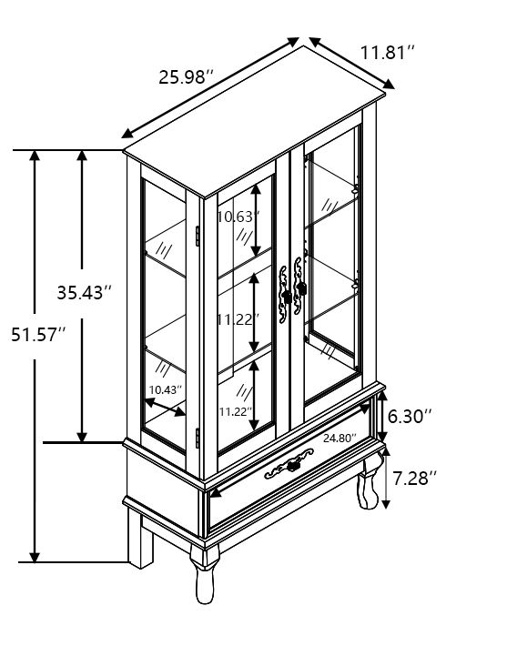 Lighted Curio Cabinet with Glass Doors and Adjustable Shelves 2 Door Wine Cabinet Display Curio Cabinet with LED Lights Light Black Finish and Drawer for Home Decor and Storage