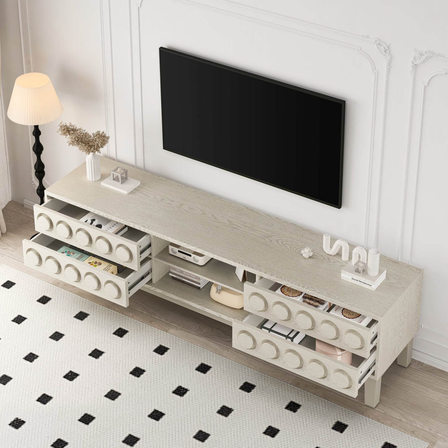 TV Stand for TVs up to 75', Media Console with 4 Drawers, Entertainment Center with Storage for Living Room and Bedroom(White)