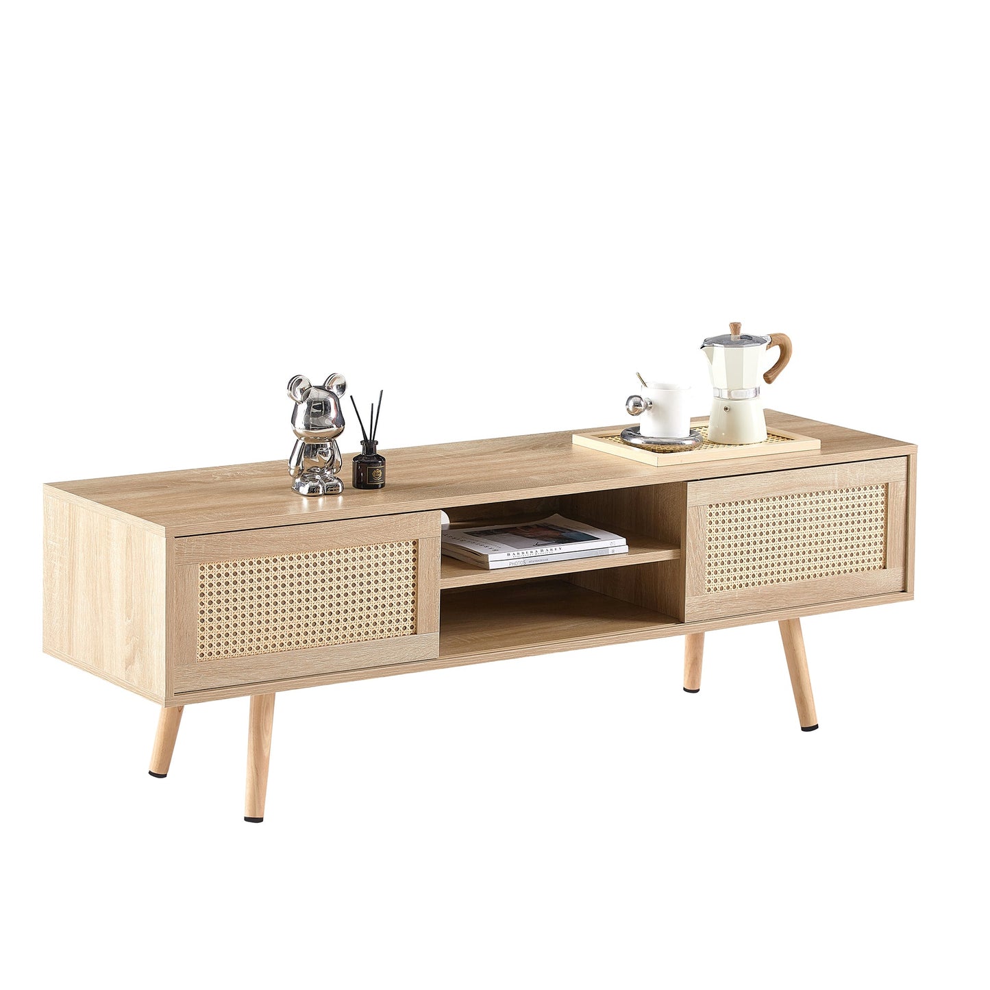 Natural Rattan TV Cabinet with Double Sliding Doors, Adjustable Shelf, Solid Wood Legs, 55.12 Inches