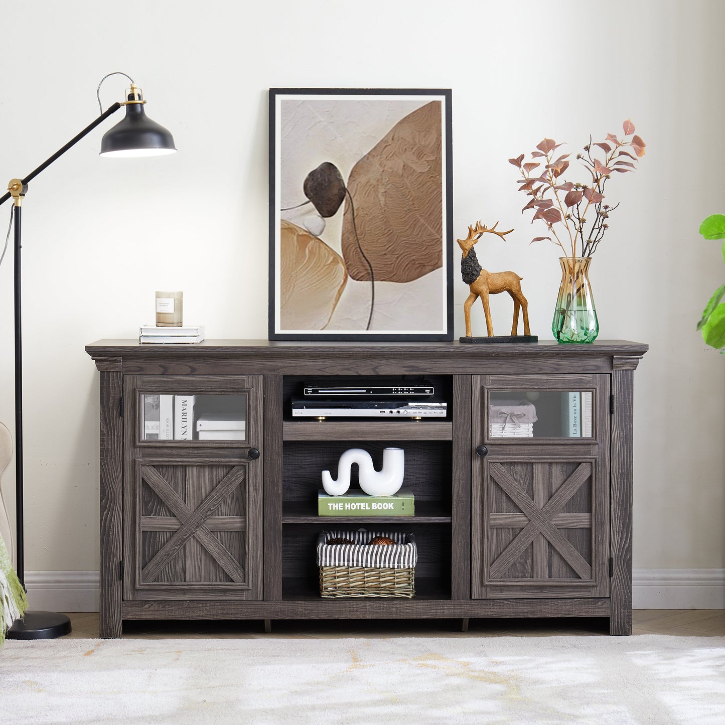 2 Doors Cabinet Farmhouse Cabinet, Farmhouse TV Stand Barn Design,Modern Farmhouse TV Media Stand, Large Barn Inspired Home Entertainment Console,GREY, 60.23'W*15.35'D*31.7'H