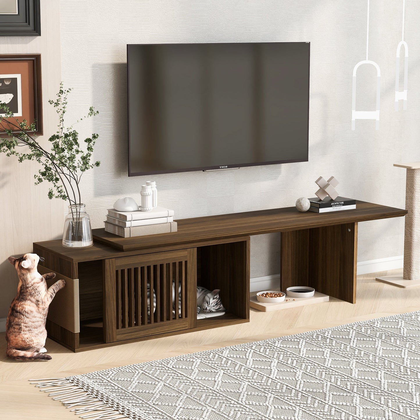 Mid-Century Modern 2 in 1 Cat Furniture Walnut TV Stand With Extendable table, Litter Box Enclosure with Cat Scratcher