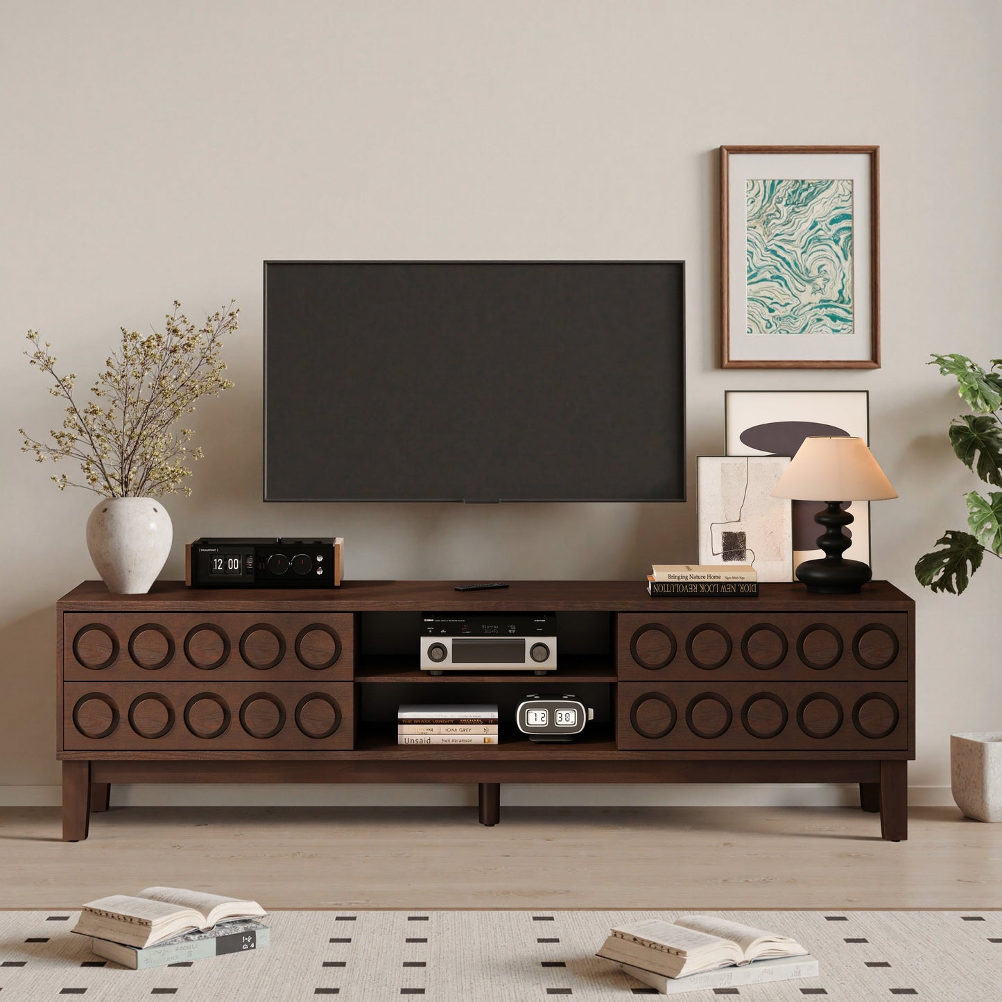 TV Stand for TVs up to 75', Media Console with 4 Drawers, Entertainment Center with Storage for Living Room and Bedroom(Dark Brown)