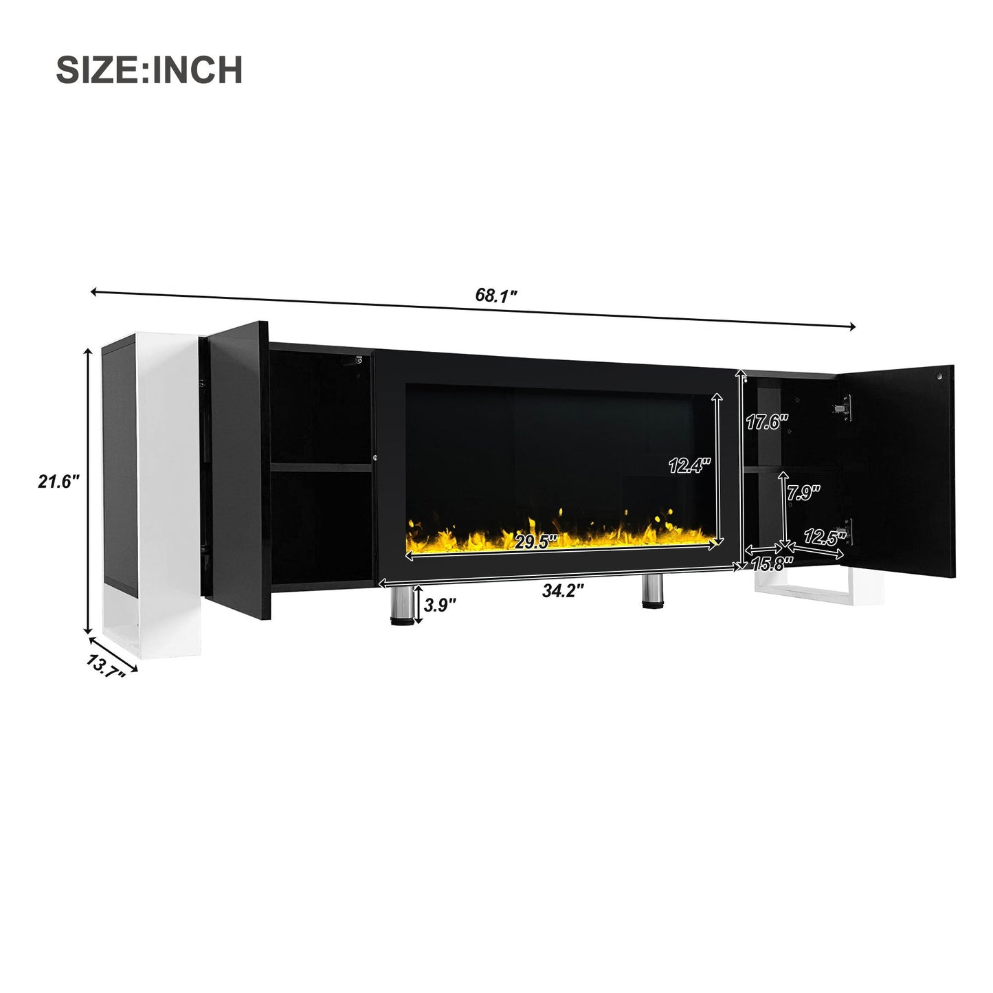 ON-TREND Modern TV Stand with 34.2' Non-heating Electric Fireplace, High Gloss Entertainment Center with 2 Cabinets, Media Console for TVs up to 78', Black