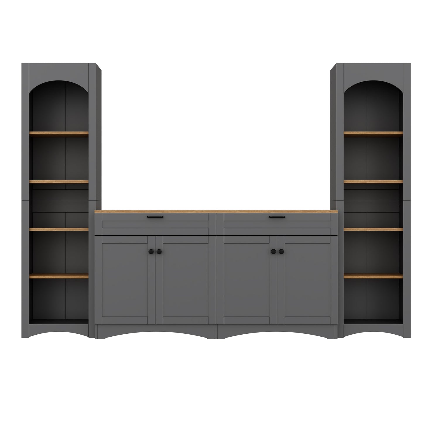 ON-TREND 3-Piece Farmhouse Entertainment Center with Storage Cabinet for TVs Up to 70', Mid-Century TV Stand with Bookshelf, Rustic Versatile Sideboard with Adjustable Shelves for Living Room, Grey