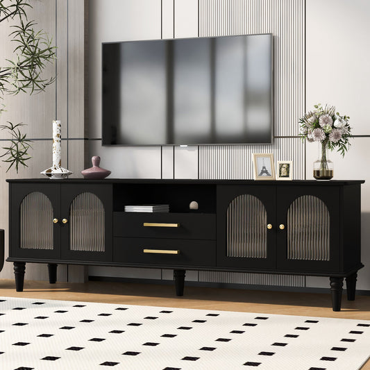 U-Can 68.9'' Retro TV Stand for TVs up to 75 Inches, Entertainment Center Media Console with Fluted Glass Doors and Five Solid Wood Legs for Living room(OLD SKU:N724P198468B)