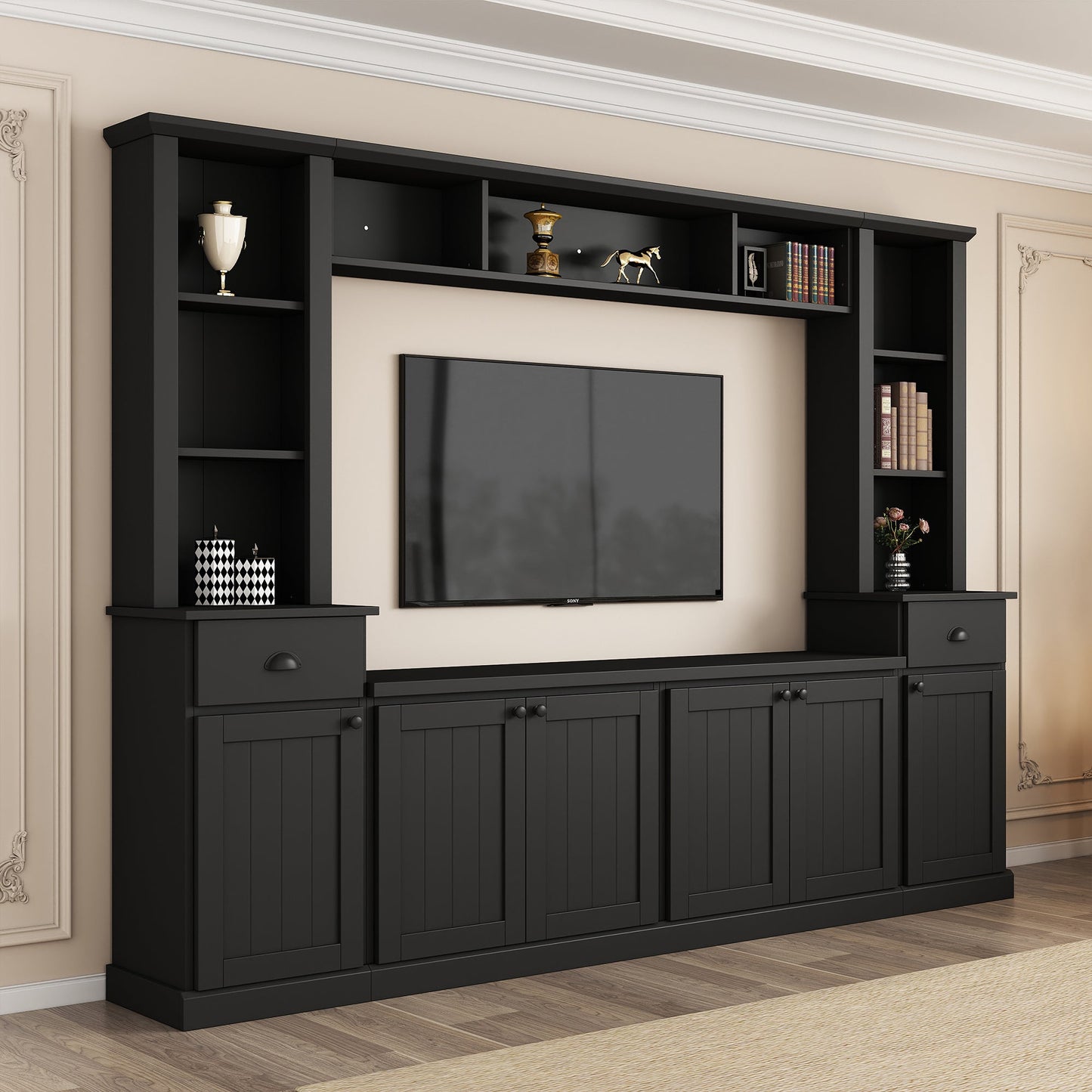 Minimalist Entertainment Wall Unit Set with Bridge for TVs Up to 75'', Ample Storage Space TV Stand with Adjustable Shelves, Modernist Large Media Console for Living Room, Black