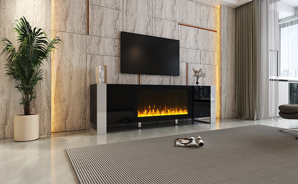 ON-TREND Modern TV Stand with 34.2' Non-heating Electric Fireplace, High Gloss Entertainment Center with 2 Cabinets, Media Console for TVs up to 78', Black