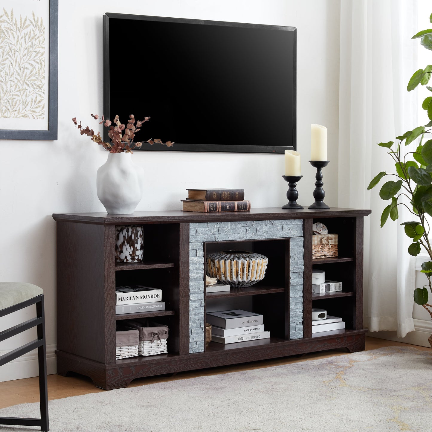 TV Media Stand with with Faux Stacked Stone Surround, Modern Entertainment Console with Open Storage Space, Cherry, 58.31'W*15.39'D*26.06'H