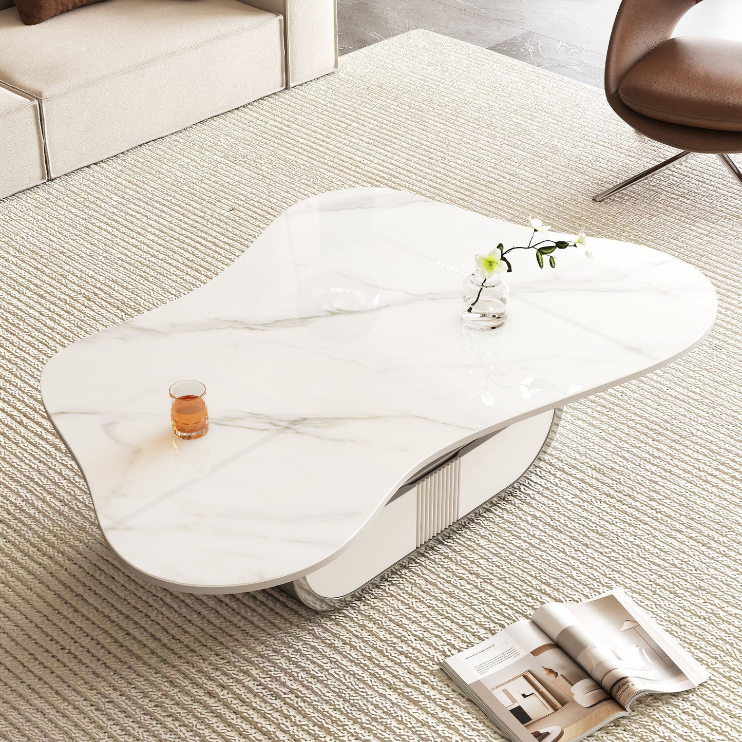 Modern Butterfly Coffee Table with Sintered Stone Top – Oval Center Table with Storage Shelf & Drawer, Stainless Steel Base & MDF Cabinet