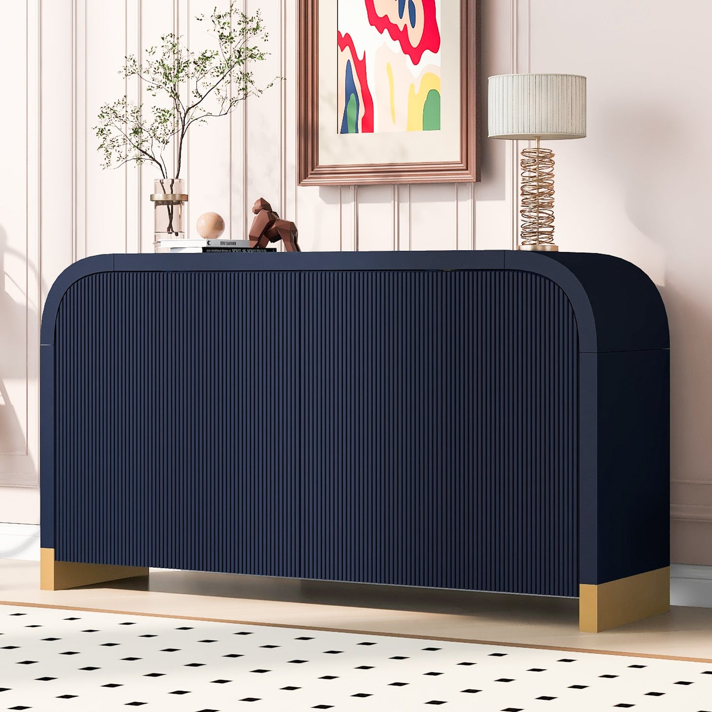 U_STYLE 4-door Curved Corner Design Wavy Door Panel Cabinet with Adjustable Shelves, Suitable for Study, Living Room and Entrance