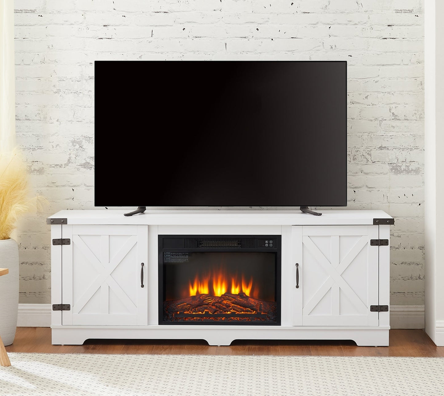 Modern Farmhouse TV Media Stand, Large Barn Inspired Home Entertainment Console, with 23' Fireplace Insert, for TV Up to 70'', with Open Shelves and Closed Cabinets, White, 64.8'W*15.67'D*24.29'H