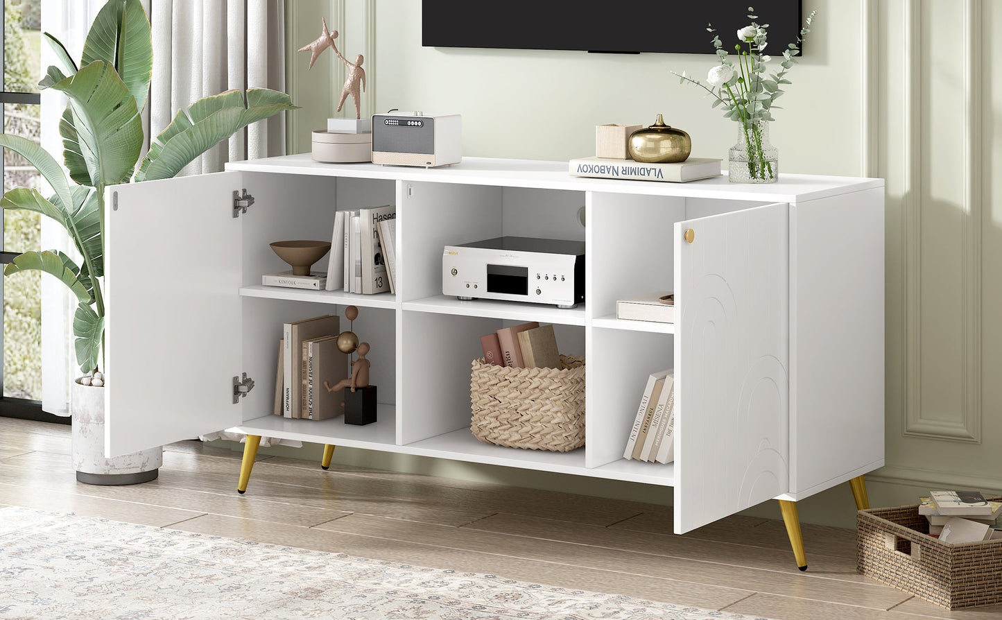 U-Can Modern TV Stand for TVs up to 55 Inches, Entertainment Center Media Console,Adjustable Shelf, Metal Legs, Handles and Anti-tip Device for Living room