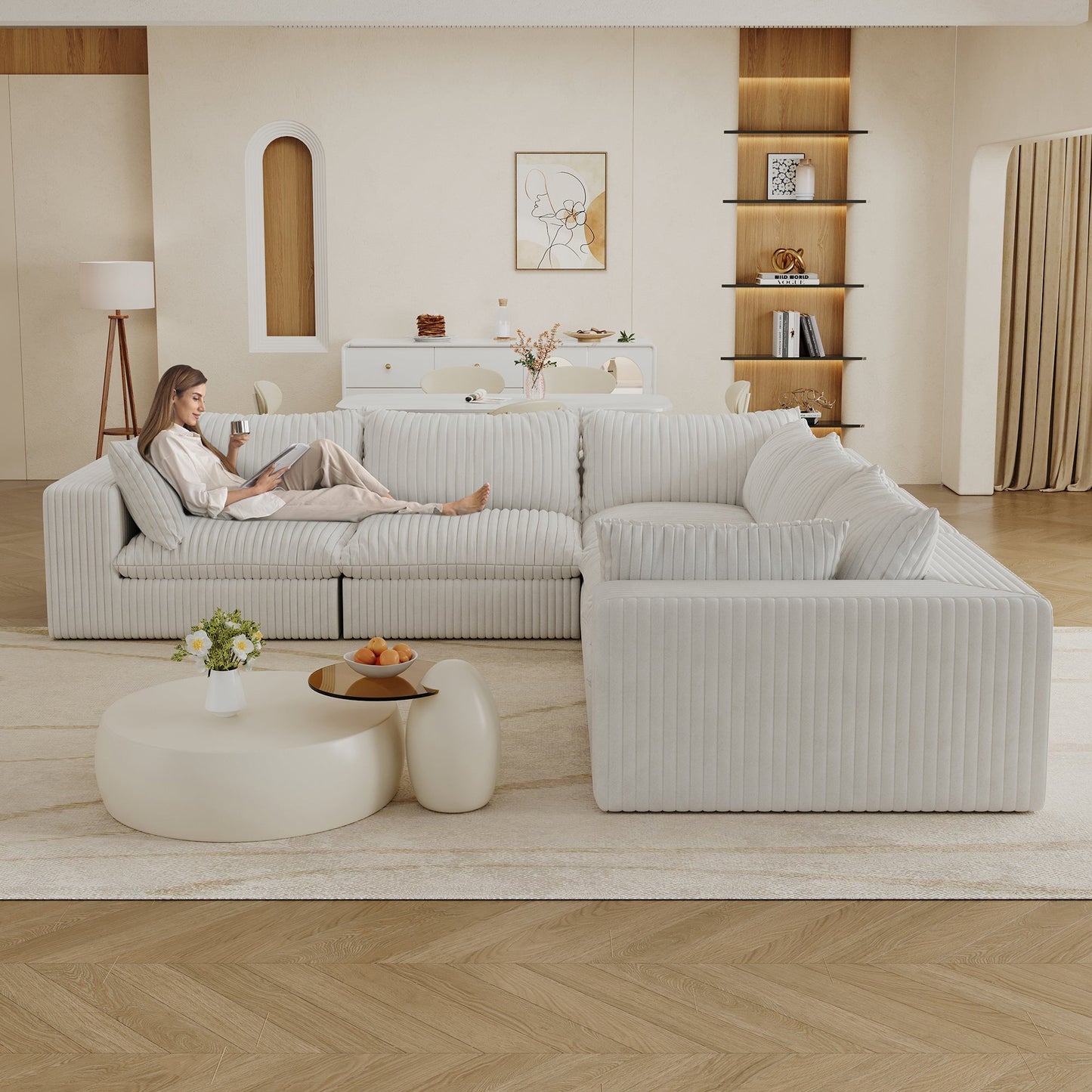 118.2' Cloud Sofa,Corduroy Fabric,Deep Seat Couches,Double-layer design,Removable Cushion,No Assembly, DIY Combination for Living room, Bedroom,Conference room ,Apartment,WHITE