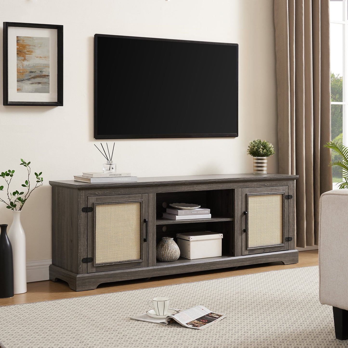 Farmhouse Rattan TV Stand Console Table for TVs up to 70 Inches, TV Console Table with 2 Storage Shelves, 2 Natural Rattan Door Cabinets, 65'W*15.55'D*23.86'H, Gray