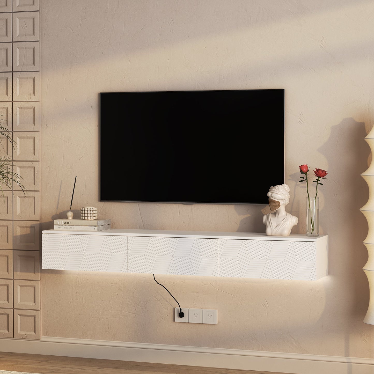 Floating TV Stand Wall Mounted with 16 Color LEDs,67' Modern TV Stand, Floating TV Cabinet Entertainment Center for 55 60 65 Inch TV,White