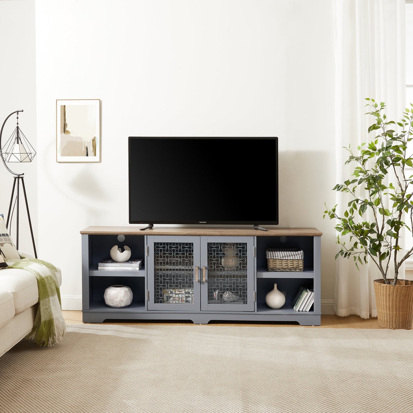 Modern Farmhouse TV Media Stand, Large Home Entertainment Console, for TV Up to 80'', with Open Shelves and Glass Door Cabinets, Light Blue and Light Oak, 70'W*15.55'D*26.85'H