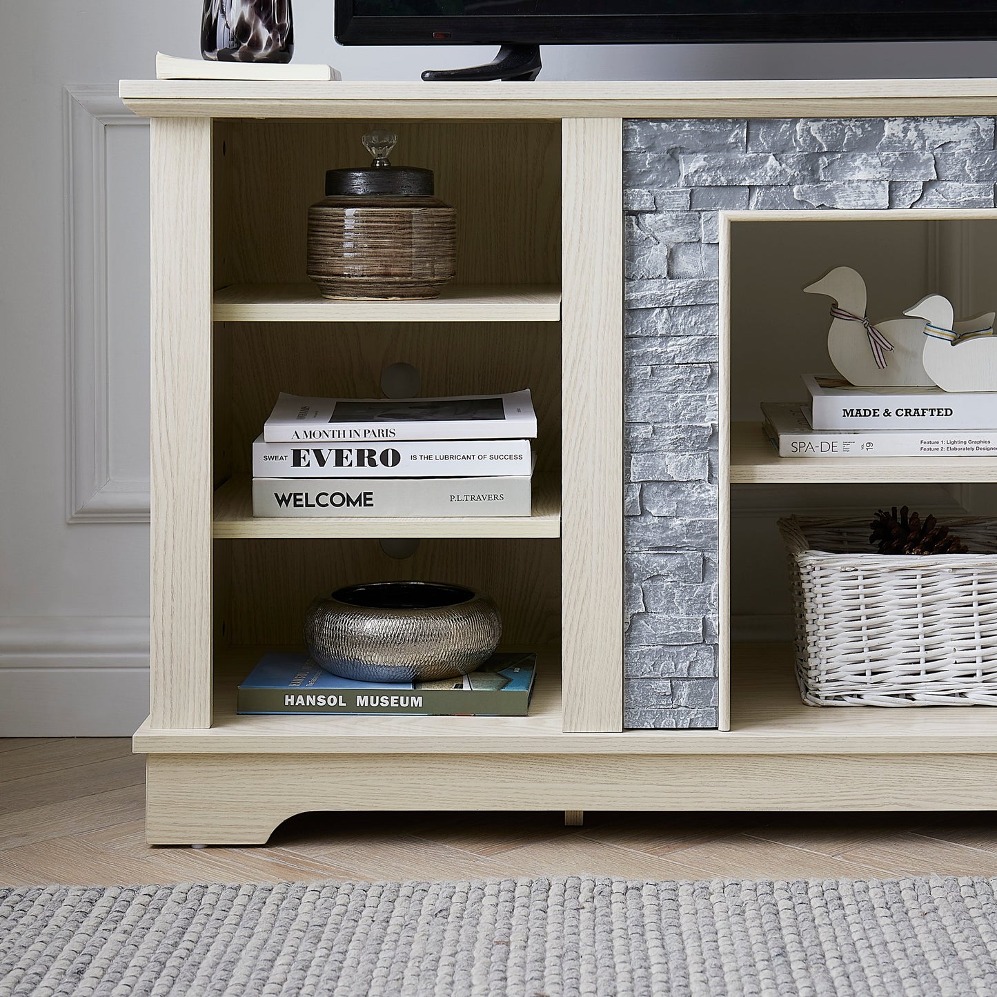 Mantel Stone TV Media Stand with with Faux Stacked Stone Surround, Modern Entertainment Console with Open Storage Space,WHITE, 58.31'W*15.39'D*26.06'H