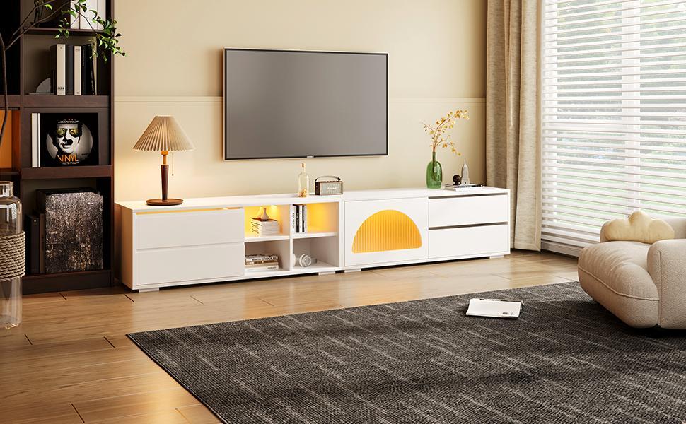 ON-TREND Modern TV Stand with Fluted Glass Door for TVs Up to 100', Media Console with Sliding Door & 2 Drawers, Free-Combination Entertainment Center with LED Light for Living Room, Bedroom, White