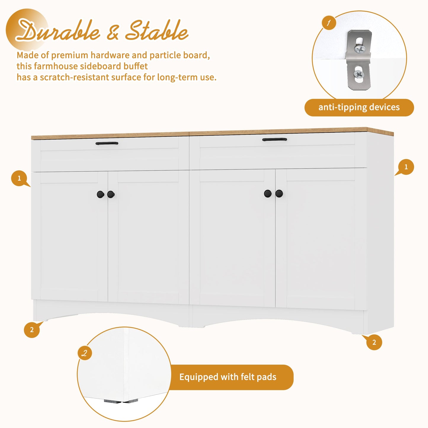 ON-TREND Farmhouse TV Stand with 2 Drawers for TVs Up to 70', Versatile Wood Grain Sideboard with Adjustable Shelves, Mid-Century Buffet Cabinet with Rustic Handles for Living Room/Bedroom, White
