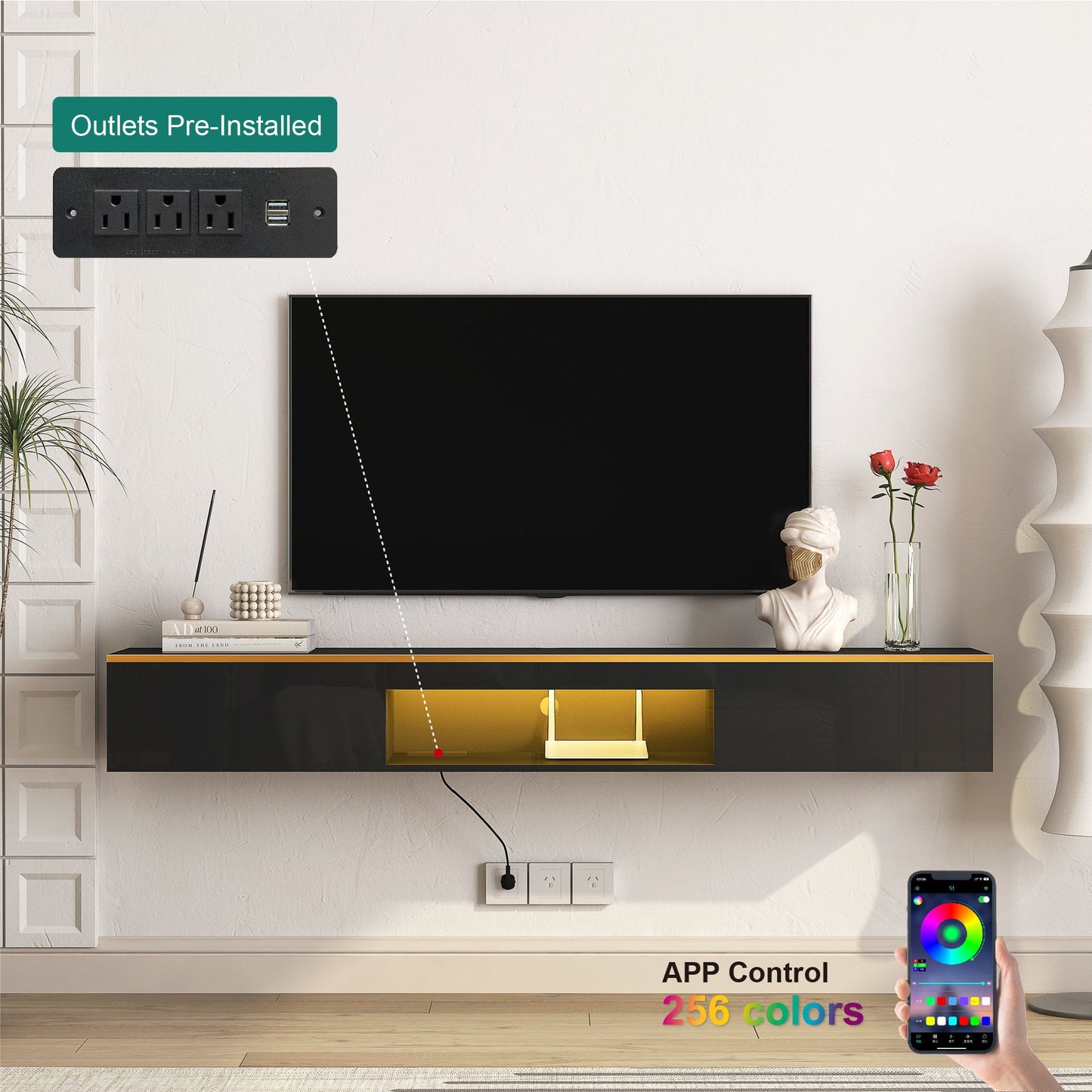 Floating TV Stand Wall Mounted with 16 Color LEDs,69' Modern TV Stand, Floating TV Cabinet Entertainment Center for 55 60 65 Inch TV,Black