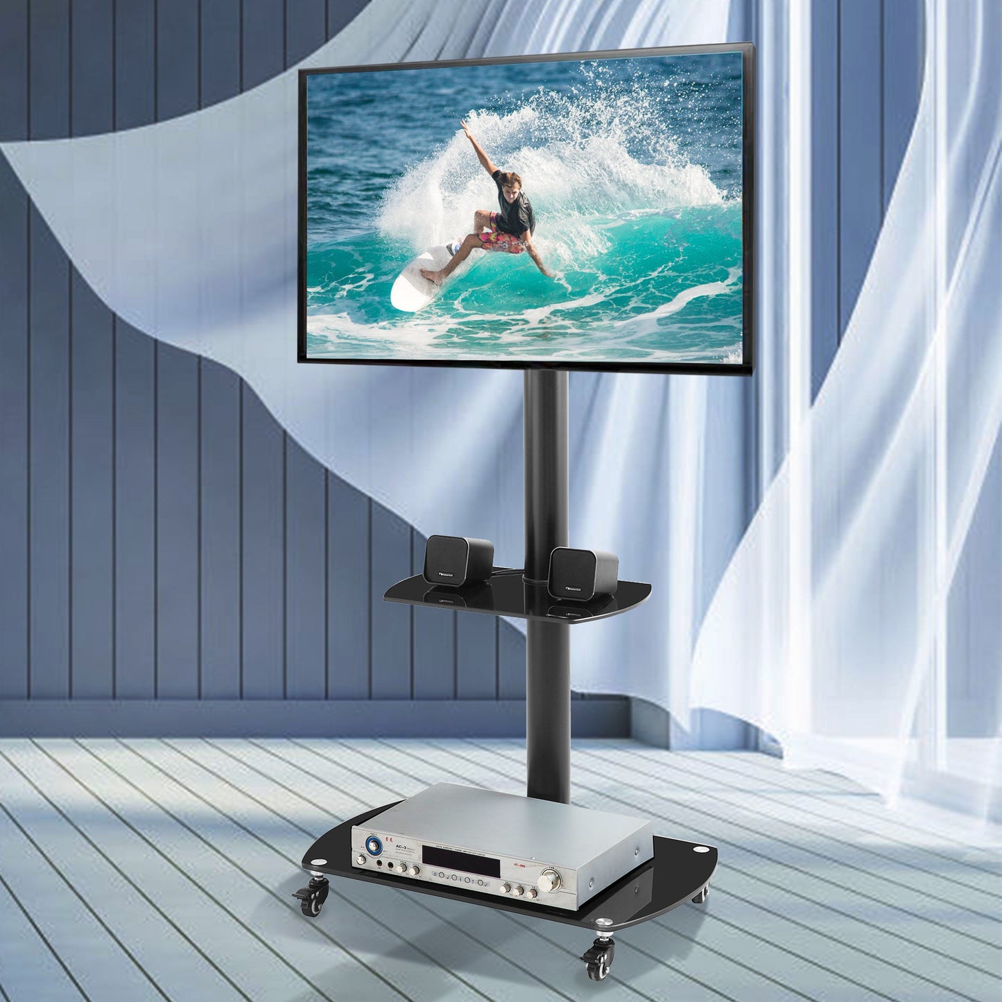 Height and Angle Adjustable Mobile TV Stand with Tempered Glass Shelves and Lockable Wheels, Black Metal Frame, Fits 32-65 Inch TVs